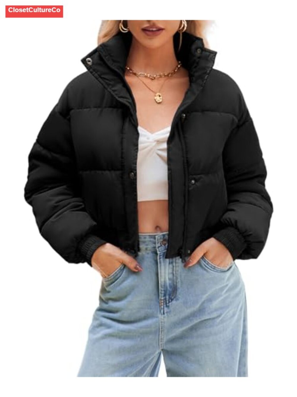 Women's Cropped Quilted Puffer Jacket Warm Lightweight Zip Snap